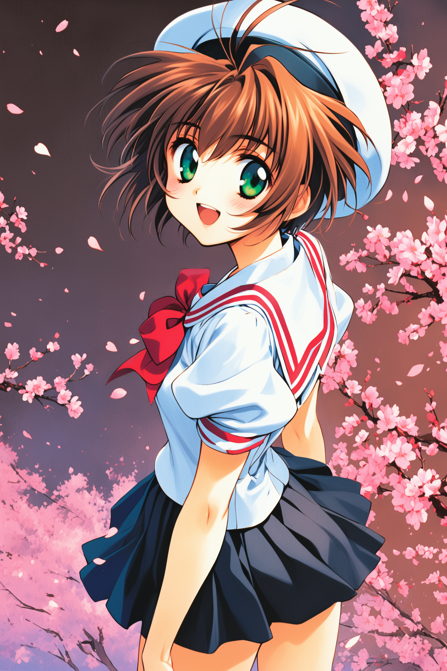 39682-915033097-1girl,kinomoto sakura,solo,tomoeda elementary school uniform,green eyes,brown hair,skirt,school uniform,open mouth,hat,short sle.png
